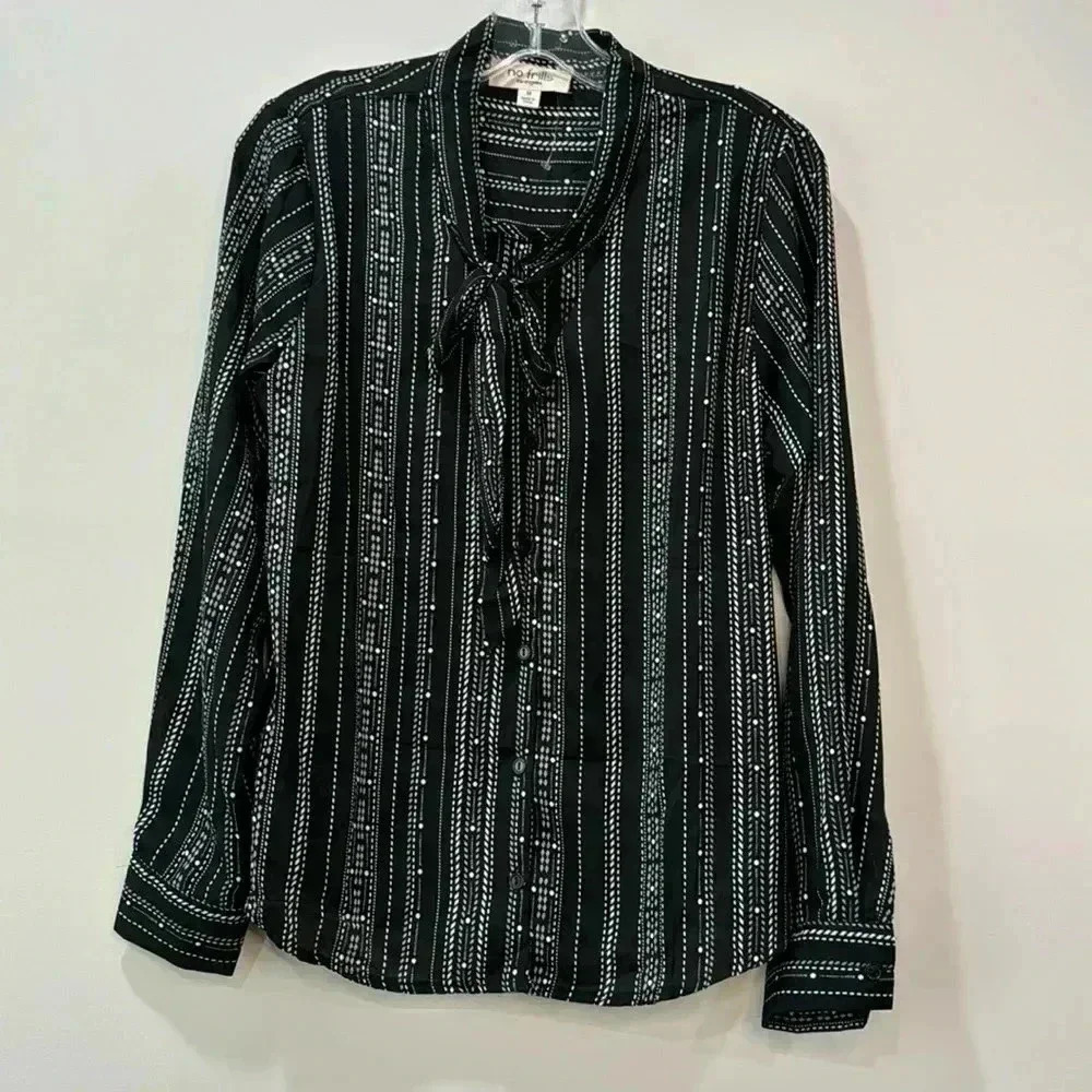 No Frills Tie Collar Black and White Blouse - Size M